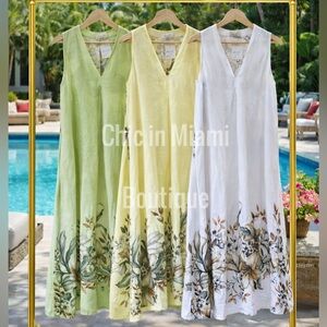 Italian Linen Sleeveless V-Neck Floral Maxi Dress - White, Yellow